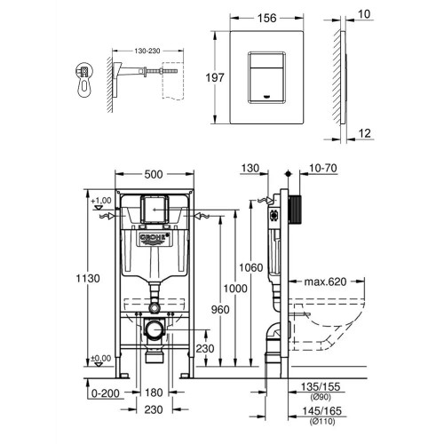 Инсталляции для унитаза Grohe Rapid SL 38811KFO с прямоугольной черной кнопкой