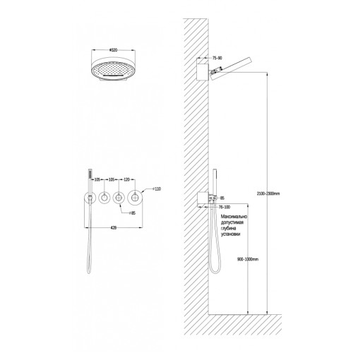 Душевая система скрытого монтажа Grocenberg GB5020BL  с Термостатом Vernet (Франция)
