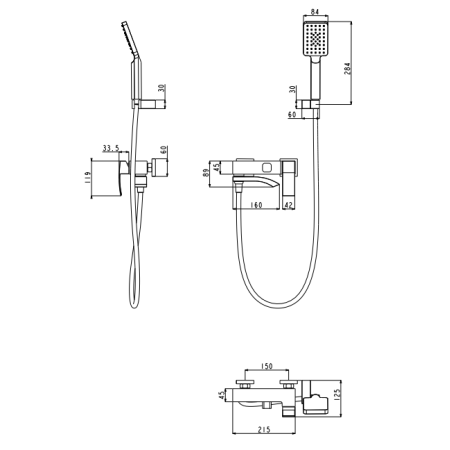 Смеситель для ванны с ручным душем Grocenberg GB8007 Золото