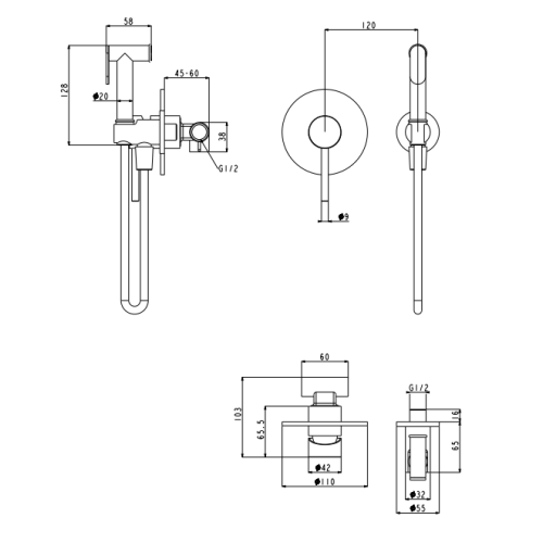 Смеситель встраиваемый с гигиеническим душем Grocenberg GB1003 Хром