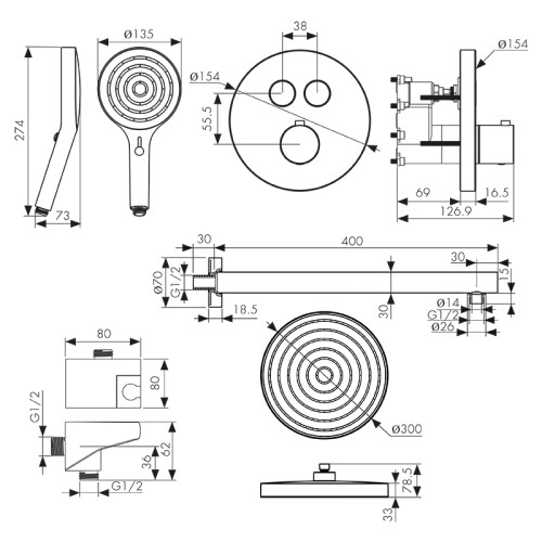 08277-4 Душевая система скрытого монтажа KAISER Sano с термостатом